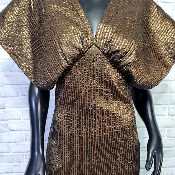 Vintage 70s Julia Womens M Brown Gold Taffeta Ribbed Dolman Sleeeve Disco Dress - Picture 4 of 14